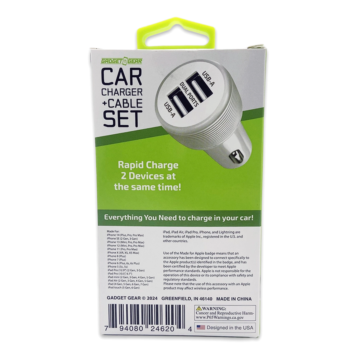 Car Charger Dual USB Ports with USB to Lightning Charging Cable Set - 3 Pieces Per Pack 24620