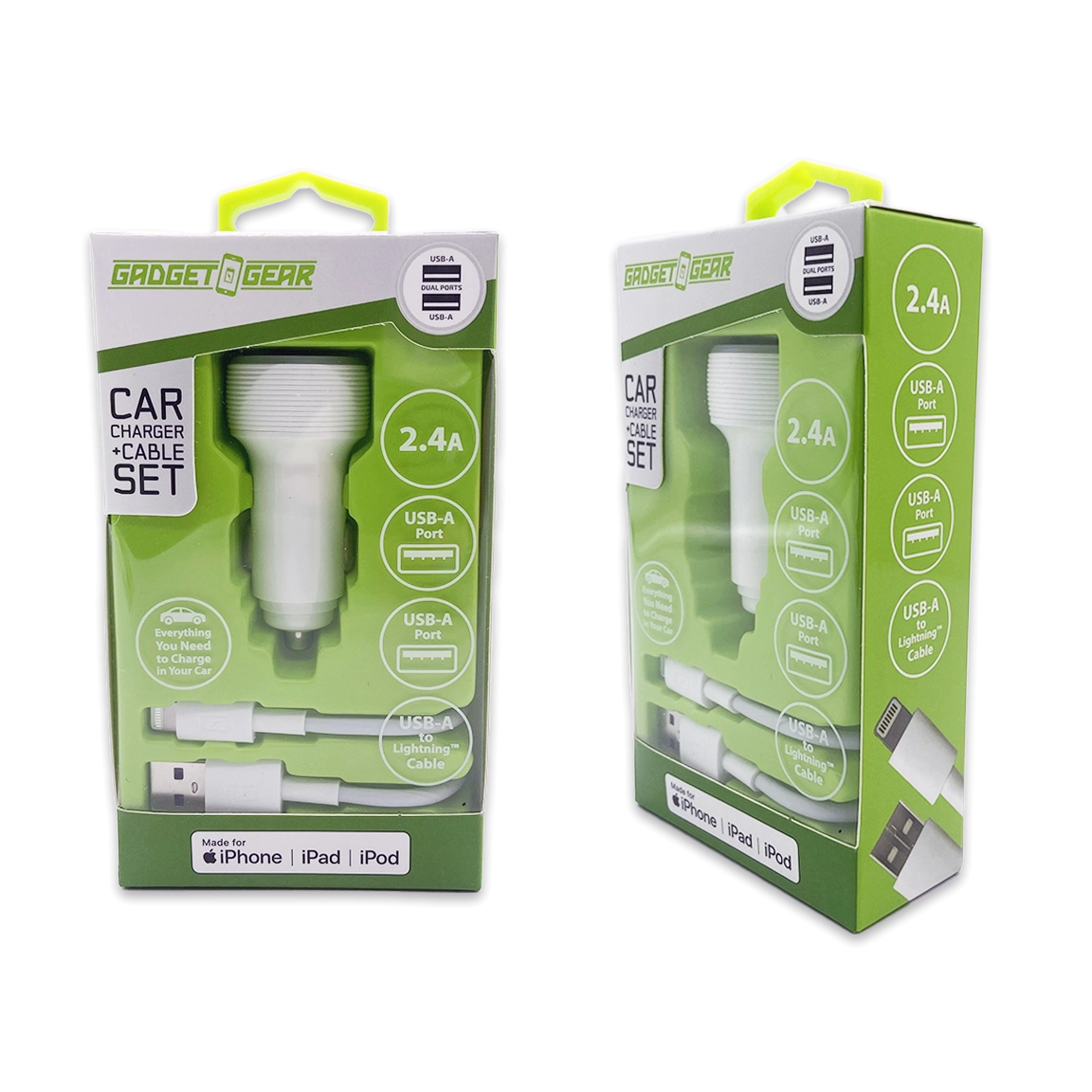 Car Charger Dual USB Ports with USB to Lightning Charging Cable Set - 3 Pieces Per Pack 24620