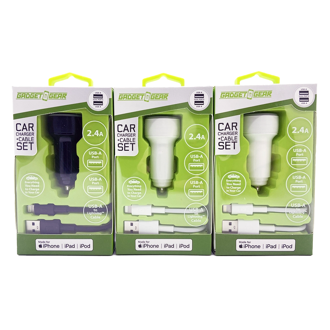 Car Charger Dual USB Ports with USB to Lightning Charging Cable Set - 3 Pieces Per Pack 24620