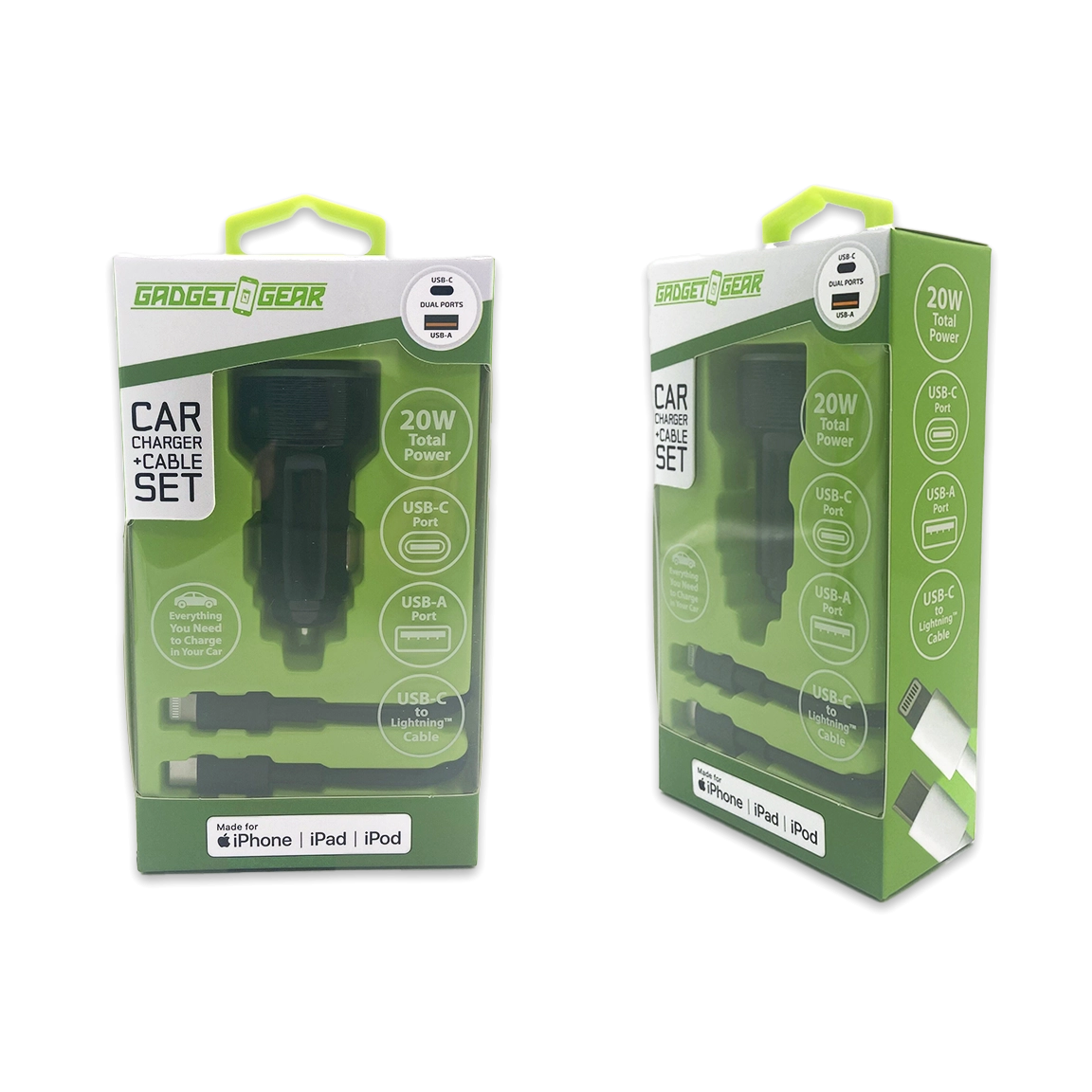 Car Charger Dual USB / USB-C Ports with USB-C to Lightning Charging Cable Set 20 Watts - 3 Pieces Per Pack 24607