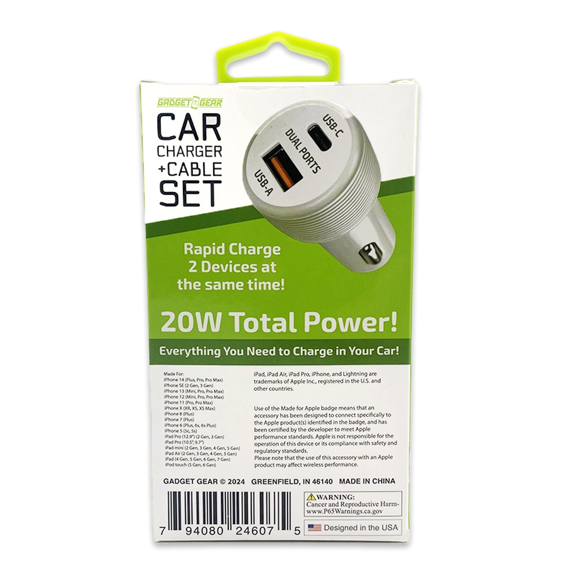 Car Charger Dual USB / USB-C Ports with USB-C to Lightning Charging Cable Set 20 Watts - 3 Pieces Per Pack 24607