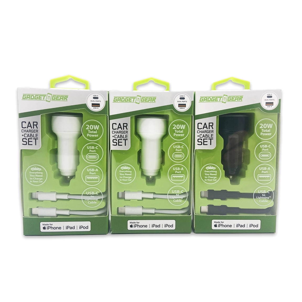 Car Charger Dual USB / USB-C Ports with USB-C to Lightning Charging Cable Set 20 Watts - 3 Pieces Per Pack 24607