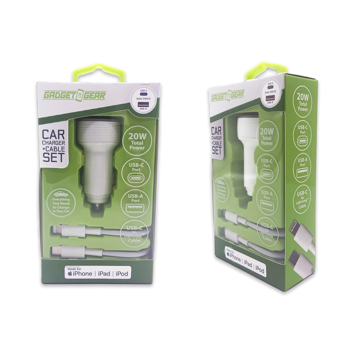Car Charger Dual USB / USB-C Ports with USB-C to Lightning Charging Cable Set 20 Watts - 3 Pieces Per Pack 24607