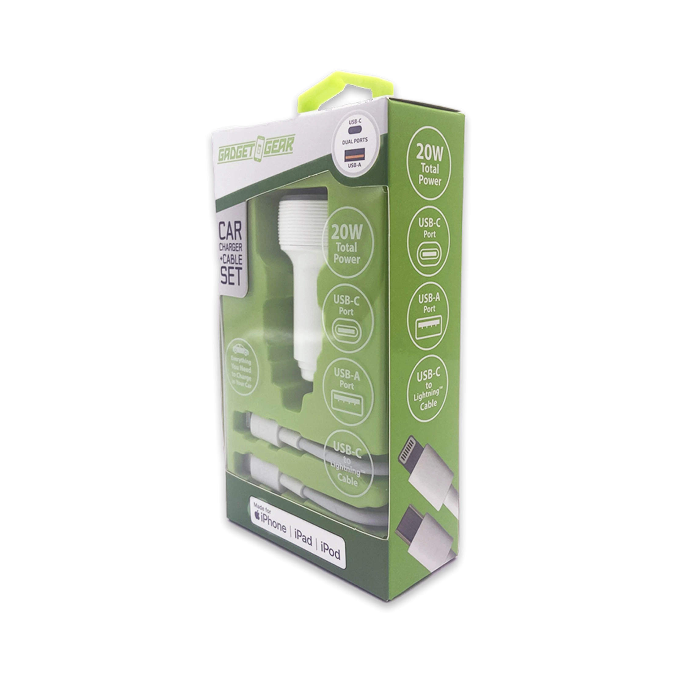 Car Charger Dual USB / USB-C Ports with USB-C to Lightning Charging Cable Set 20 Watts - 3 Pieces Per Pack 24607