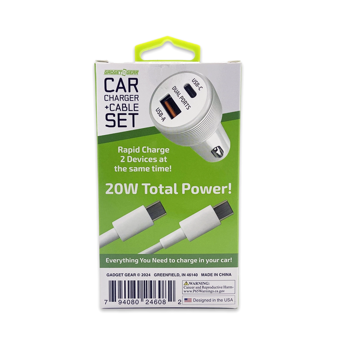 Car Charger Dual USB / USB-C Ports with USB-C to USB-C Charging Cable 20 Watts - 3 Pieces Per Pack 24608