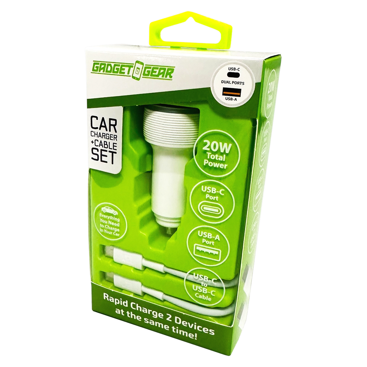 Car Charger Dual USB / USB-C Ports with USB-C to USB-C Charging Cable 20 Watts - 3 Pieces Per Pack 24608