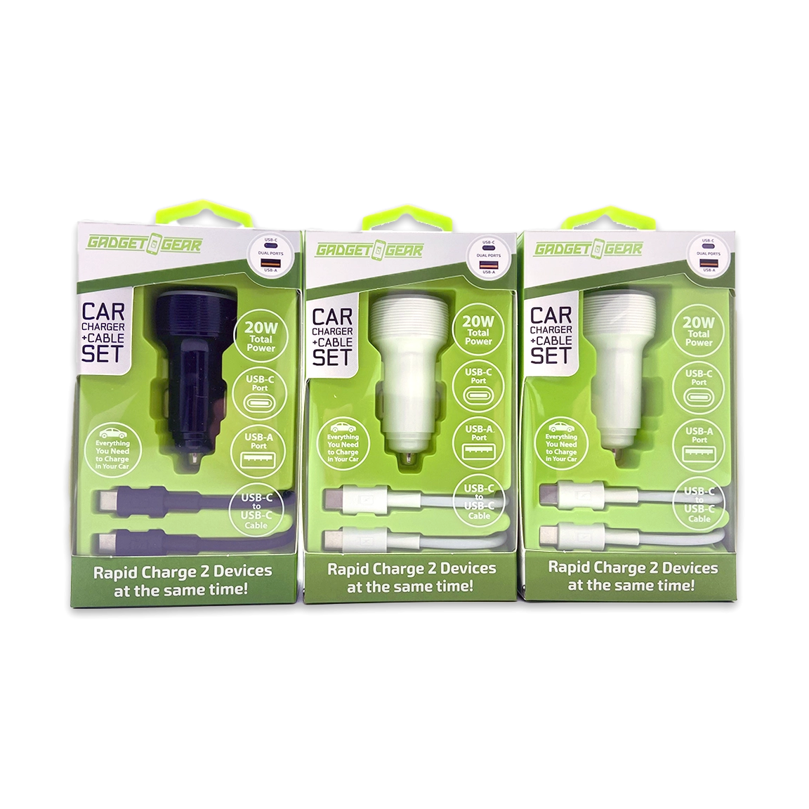 Car Charger Dual USB / USB-C Ports with USB-C to USB-C Charging Cable 20 Watts - 3 Pieces Per Pack 24608
