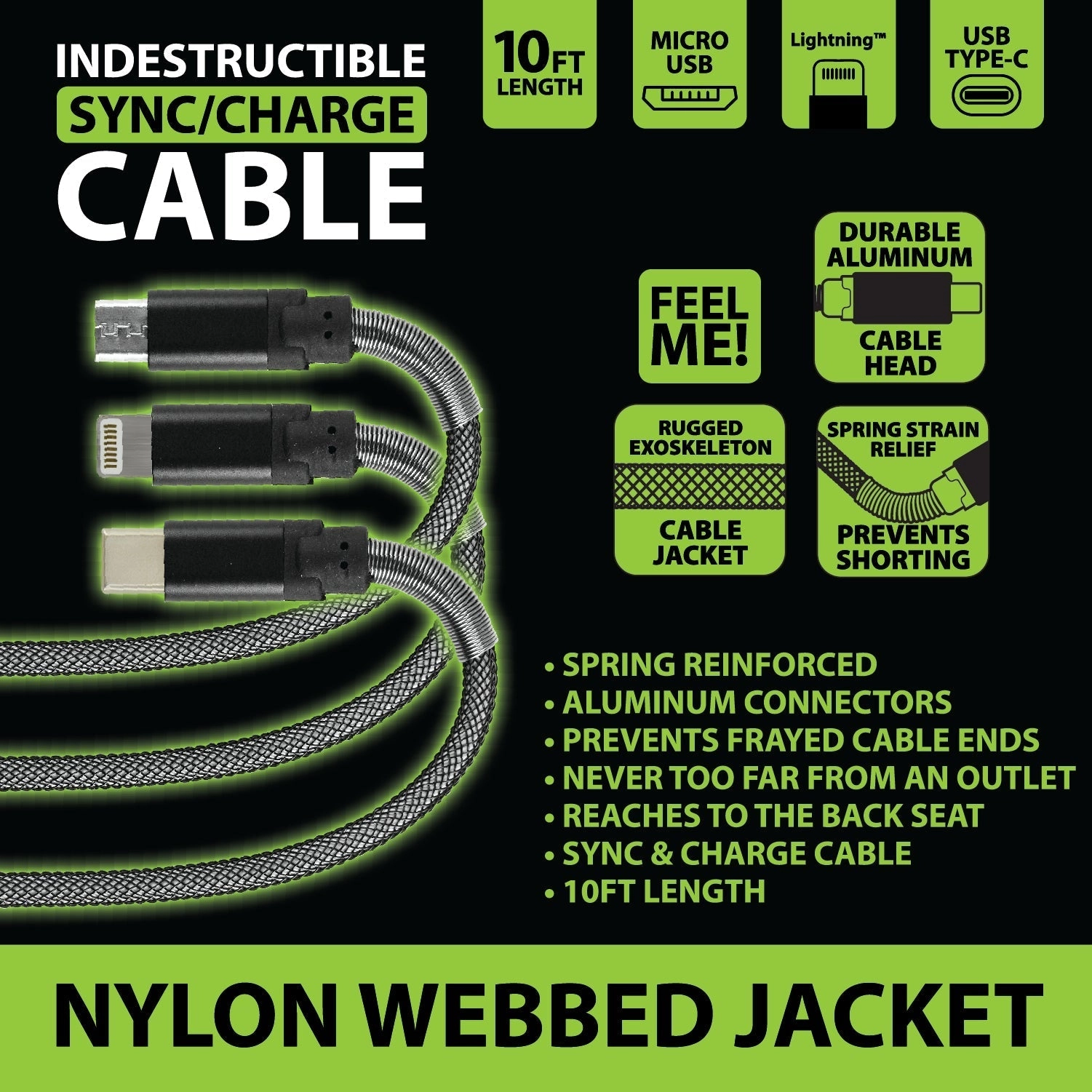 Charging Cable Indestructible Assortment 10FT 2.4 Amp - 6 Pieces Per Retail Ready Display 88294