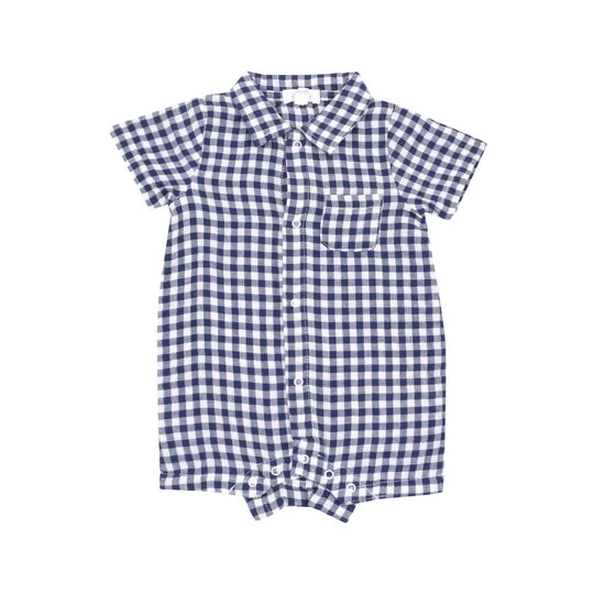 Muslin Button Down Polo Shortie - Navy Gingham