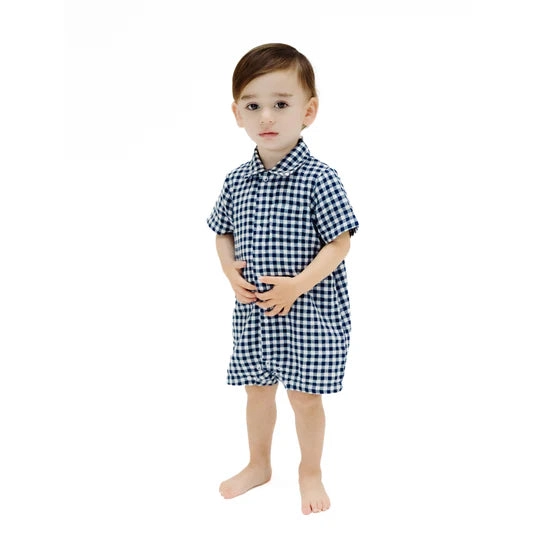 Muslin Button Down Polo Shortie - Navy Gingham