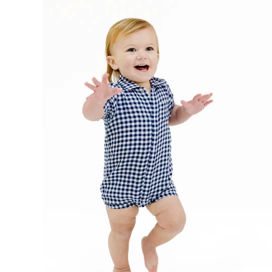 Muslin Button Down Polo Shortie - Navy Gingham
